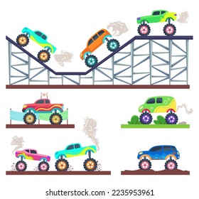 Monster trucks on different tracks vector illustrations set. Collection of cartoon drawings of cars with big wheels isolated on white background. Racing, extreme sports concept