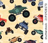 monster trucks pattern. textile design templates for kids room interior with big wheel colored cars for extreme sport. Vector seamless background