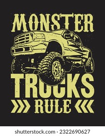 Monster trucks rule Vector monster t-shirt template. graphic t-shirt