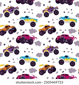 Monster trucks seamless pattern. Bright jeeps jump. Quadbikes speed driving. Repeated print. Extreme show. Aggressive cars exhaust gas clouds. Auto engine growling