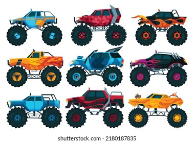 Monster trucks set. Bright colorful cartoon auto with big wheels. Heavy cars with large tires and black tinted windows. Isolated rally 4x4 computer or mobile game