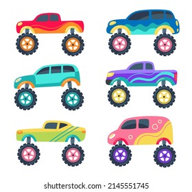 Monster trucks as toys for children vector illustrations set. Collection of childish cartoon drawings of retro race cars with big wheels isolated on white background. Transport concept