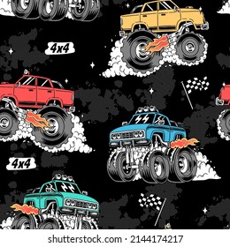 Monster trucks vector seamless pattern. For apparel prints and other uses.