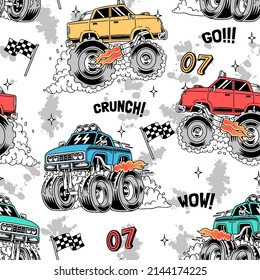 Monster trucks vector seamless pattern. For apparel prints and other uses.