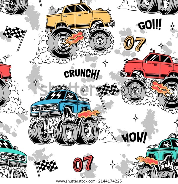 Monster trucks vector seamless pattern. For apparel\
prints and other uses.