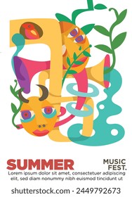 monster of trumpet. colorfull abstract saxophone and plants. summer music festival template poster vector illustration