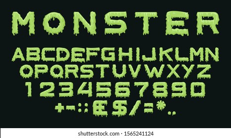 Monster type. Vector spooky alphabet with drops of flowing slime. Scary letters and numbers isolated on black background for halloween, theme party posters, flyers and decoration