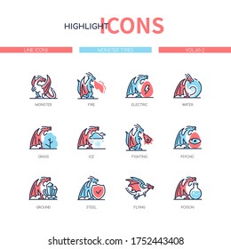 Monster types - line design style icons set. Fiction characters, fantasy and gaming idea. Fire, electric, water, grass, ice, fighting, psychic, ground, steel, flying, poison superpower of creatures