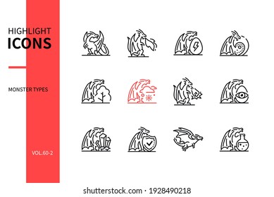 Monster types - line design style icons set. Fiction characters, fantasy and gaming idea. Fire, electric, water, grass, ice, fighting, psychic, ground, steel, flying, poison superpower of creatures