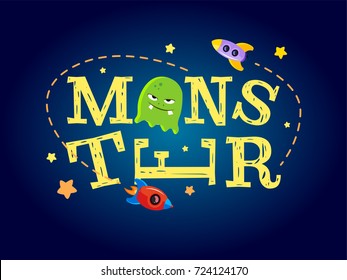 Monster typography design. T-shirt color graphics for kids. Vector illustration