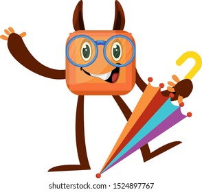 Monster with umbrella, illustration, vector on white background.