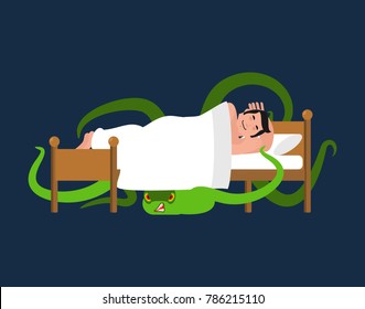 Monster under bed  Man is asleep  Vector illustration 