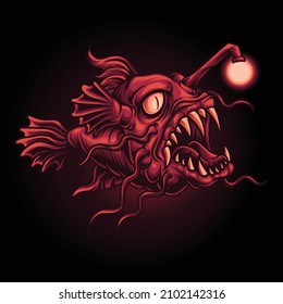 Monster underwater anglerfish vector illustration 