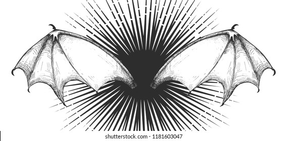 Monster, vampire or demon bat wings. Horrible wings with divergent rays isolated on white background. Halloween design in a vintage engraved style for greeting card, invitation, poster, banner etc.