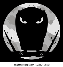 Monster vampire with scary eyes and sharp claws on night background and of a large pale moon. Dark silhouette with evil look. Halloween background. Vector mystical spooky scary illustration. 