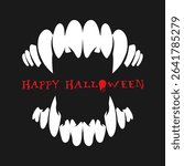 Monster, vampire or werewolf teeth, long sharp fangs isolated on black background. Simple minimalist Halloween card. Vector illustration
