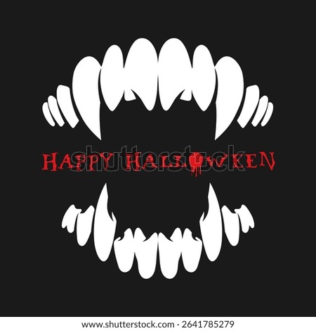 Monster, vampire or werewolf teeth, long sharp fangs isolated on black background. Simple minimalist Halloween card. Vector illustration
