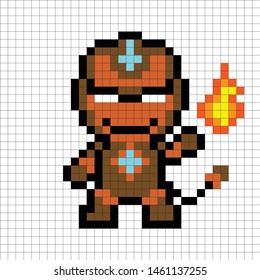 Monster vector 8 bit style Man hero style. Cartoon war attack red mask white pixel illustration art orange brown mask laser space square. Earth super heroes game cinema film logo character angry