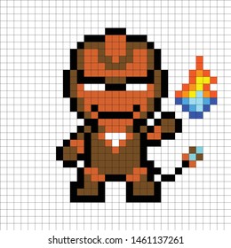 Monster vector 8 bit style Man hero style. Cartoon war attack red mask white pixel illustration art orange brown mask laser space square. Earth super heroes game cinema film logo character angry