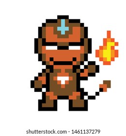 Monster vector 8 bit style Man hero style. Cartoon war attack red mask white pixel illustration art orange brown mask laser space square. Earth super heroes game cinema film logo character angry
