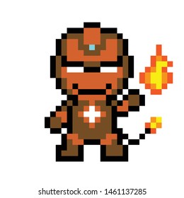 Monster vector 8 bit style Man hero style. Cartoon war attack red mask white pixel illustration art orange brown mask laser space square. Earth super heroes game cinema film logo character angry