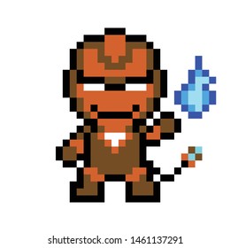 Monster vector 8 bit style Man hero style. Cartoon war attack red mask white pixel illustration art orange brown mask laser space square. Earth super heroes game cinema film logo character angry