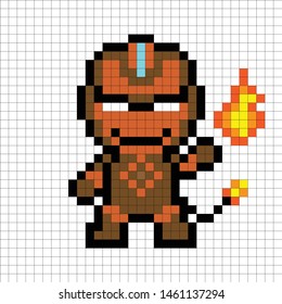 Monster vector 8 bit style Man hero style. Cartoon war attack red mask white pixel illustration art orange brown mask laser space square. Earth super heroes game cinema film logo character angry