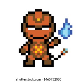 Monster vector 8 bit style Man hero style. Cartoon war attack red mask white pixel illustration art orange brown mask laser space square. Earth super heroes game cinema film logo character angry