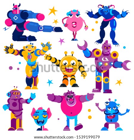 Monster vector cartoon alien monstrous transformer robots character of monstrosity and alienation illustration monstrously. Set of cute alienated robotic creature for kids isolated on white background