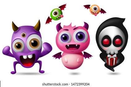 Monster vector characters set. Cute little monsters in funny and scary expression isolated in white background. 3D realistic vector illustration. 