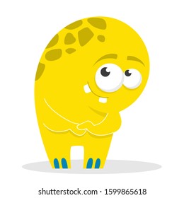 Monster vector isolated. Colorful and cute creature. Shy monster standing and smiling. Funny yellow alien.