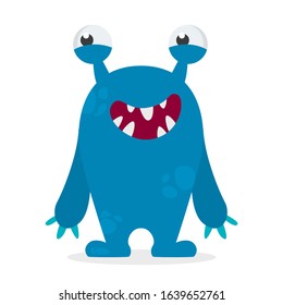 Monster vector isolated. Colorful and cute creature. Crazy monster standing and laughing. Funny blue alien.