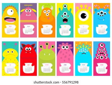 Monster vertical monthly calendar 2017. Cute funny cartoon character set. All month. Flat design. Vector illustration.