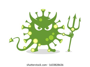 Monster virus. Evil virus cartoon vector illustration. 2019 Novel Coronavirus. 2019-nCoV. Covid-19 outbreak. Green infectious disease character design.	