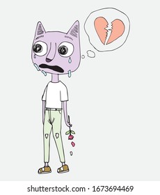 The monster walks with no purpose. He is sad about love.Doodle art concept,illustration painting