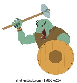 Monster warrior with a wooden shield and a stone club
