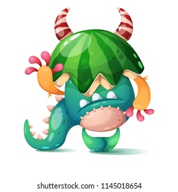 Monster with a watermelon on his head. Vector eps 10.