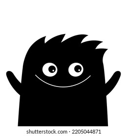 Monster waving hand. Happy Halloween. Kawaii cartoon baby character. Cute face head body. Funny hair. Black silhouette. Flat design. White background. Vector illustration