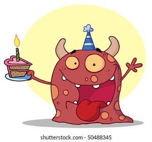  Monster Wearing A Party Hat And Holding A Slice Of Cake