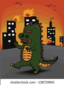 A Monster which looks like a crocodile, attacks the city and makes it burn 