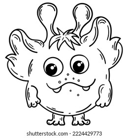 Monster in white with a black outline. Cute yeti. Illustration for colouring in. Circular microbe. Vector gremlin. 