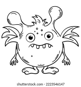 Monster in white with black trim. Illustration for colouring in. Isolated cartoon alien. Cute round gremlin. Cute bogeyman.