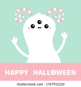 Monster white pink silhouette. Happy Halloween. Cute cartoon kawaii scary character icon. Eyes, striped horns, hands up boo. Funny baby collection. Greeting card. Blue background. Flat design. Vector