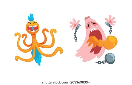 Monster with Wide Open Toothy Mouth in Frightening Pose Vector Set