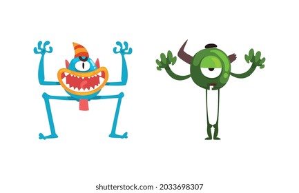 Monster with Wide Open Toothy Mouth in Frightening Pose Vector Set