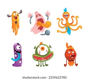 Monster with Wide Open Toothy Mouth in Frightening Pose Vector Set
