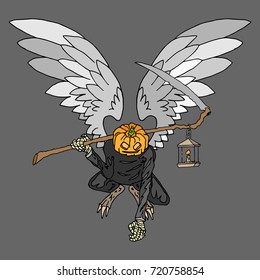 Monster with wings. Symmetrical wings. Pumpkin monster with a scythe. Pumpkin with a lamp for Halloween. Vector illustration. 