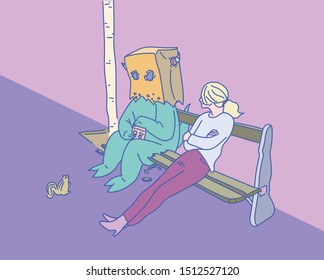 A monster   woman sit upside down in park chair and paper bag upside down hand drawn style vector illustration 