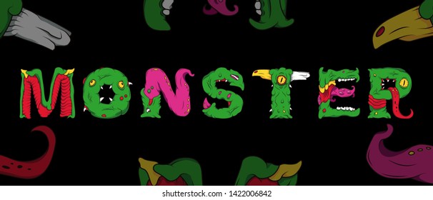 Monster word on black background with tentacles, tongues, claws and teeth