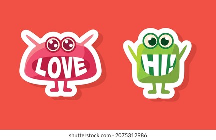 Monster with Words In Mouth Funny Cartoon Character on Red Background Vector Sticker Set